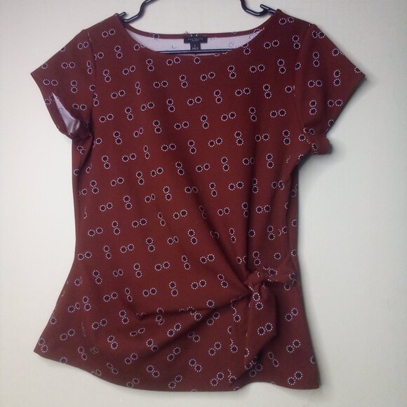 Ann Taylor Factory Blouse Shirt S Short Sleeve Tie Detail Pattern Brown Black - Picture 1 of 13